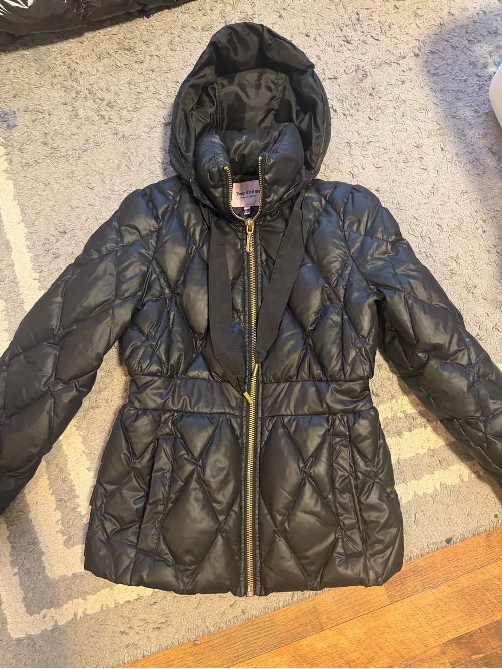 Juicy Couture Black Quilted Hooded Puffer with Gold Zipper